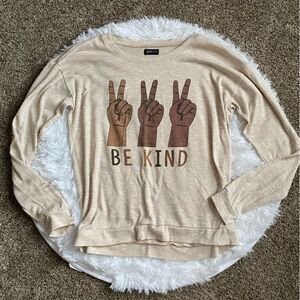 Joei & I Top Be Kind Peace Sign Graphic Lightweight Long Sleeve Tan Womens Small
